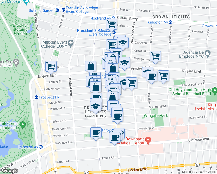 map of restaurants, bars, coffee shops, grocery stores, and more near 298 Lefferts Avenue in Brooklyn