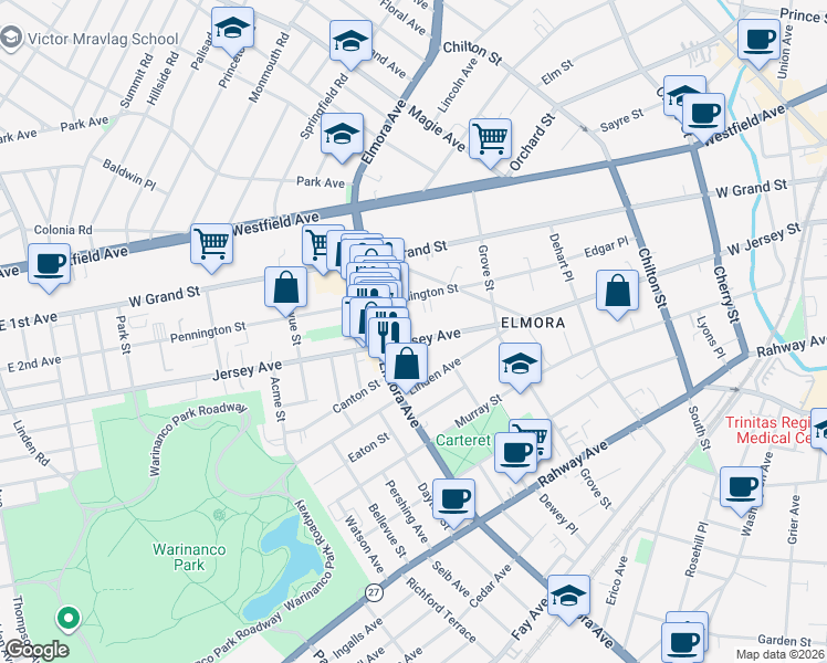 map of restaurants, bars, coffee shops, grocery stores, and more near 519 Jersey Avenue in Elizabeth