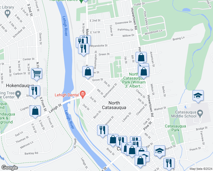 map of restaurants, bars, coffee shops, grocery stores, and more near 1220 5th Street in Catasauqua