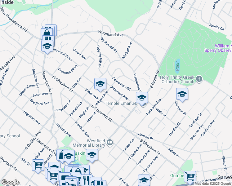 map of restaurants, bars, coffee shops, grocery stores, and more near 215 Jefferson Avenue in Westfield