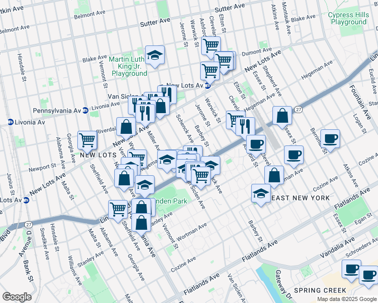 map of restaurants, bars, coffee shops, grocery stores, and more near 791 Hendrix Street in Brooklyn