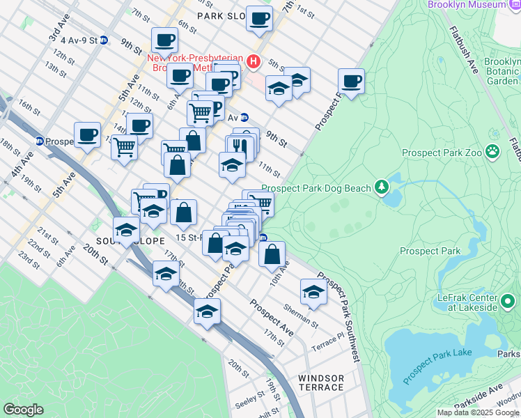 map of restaurants, bars, coffee shops, grocery stores, and more near 182 Prospect Park West in Brooklyn