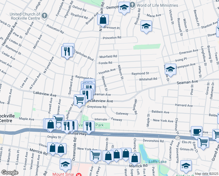 map of restaurants, bars, coffee shops, grocery stores, and more near 7 Combes Avenue in Rockville Centre