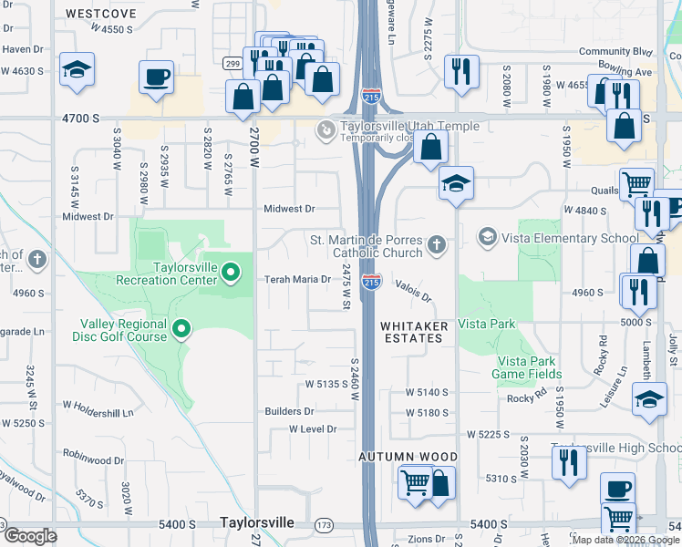 map of restaurants, bars, coffee shops, grocery stores, and more near 2484 4940 South in Salt Lake City