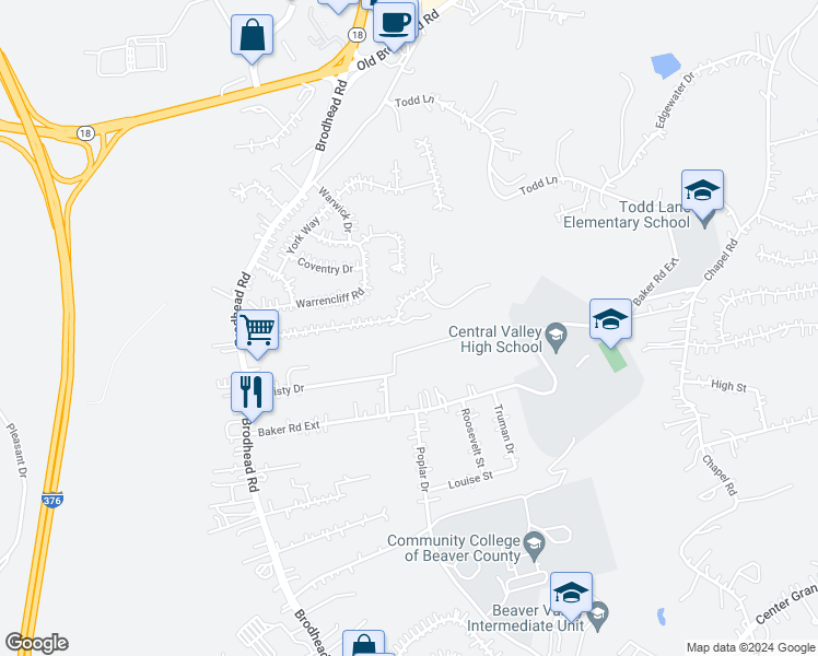 map of restaurants, bars, coffee shops, grocery stores, and more near 1390 Lincoln Drive in Monaca