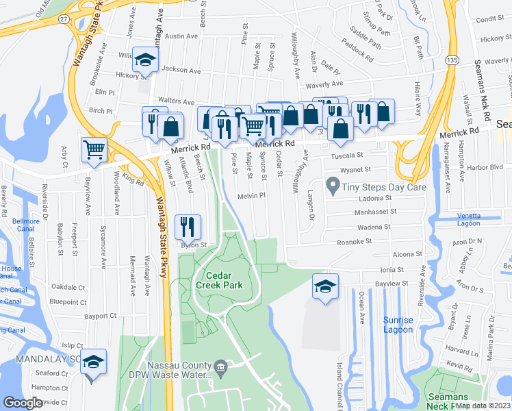 map of restaurants, bars, coffee shops, grocery stores, and more near 2381 Maple Street in Seaford