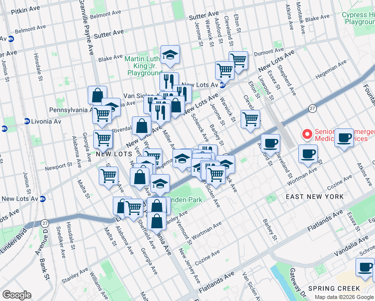 map of restaurants, bars, coffee shops, grocery stores, and more near Van Siclen Avenue in Brooklyn