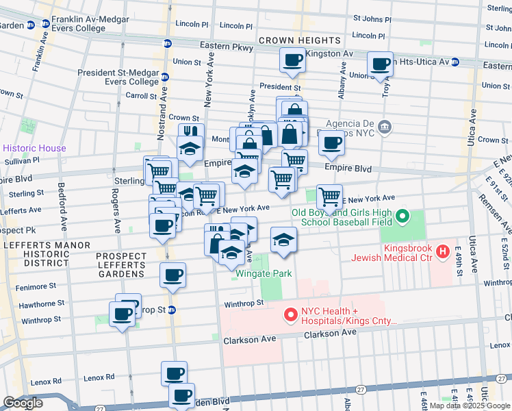 map of restaurants, bars, coffee shops, grocery stores, and more near 519 Brooklyn Avenue in Brooklyn