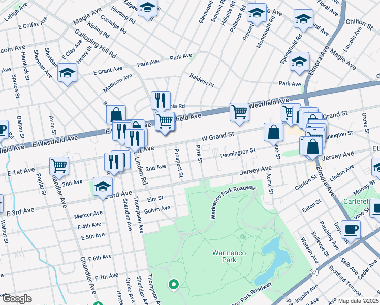map of restaurants, bars, coffee shops, grocery stores, and more near 119 Hawthorne Street in Roselle