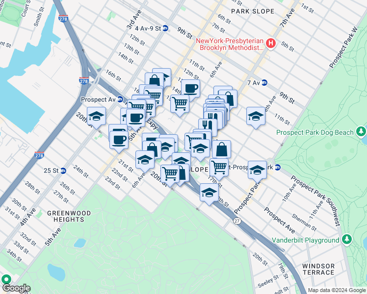 map of restaurants, bars, coffee shops, grocery stores, and more near 332 Prospect Avenue in Brooklyn