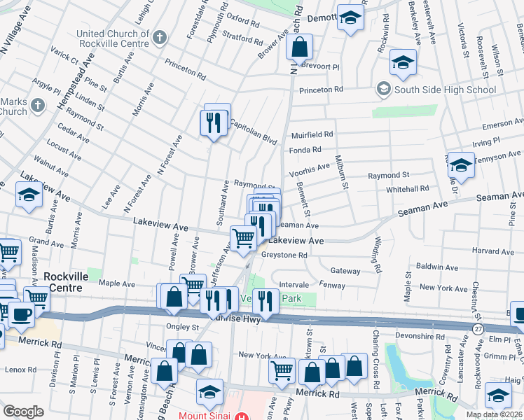 map of restaurants, bars, coffee shops, grocery stores, and more near 15 Jackson Avenue in Rockville Centre
