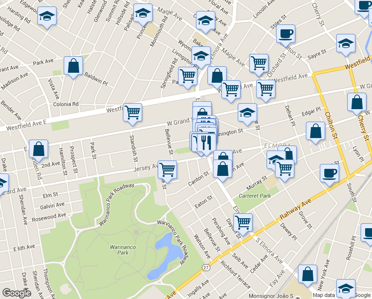 map of restaurants, bars, coffee shops, grocery stores, and more near 169 Bellevue Street in Elizabeth