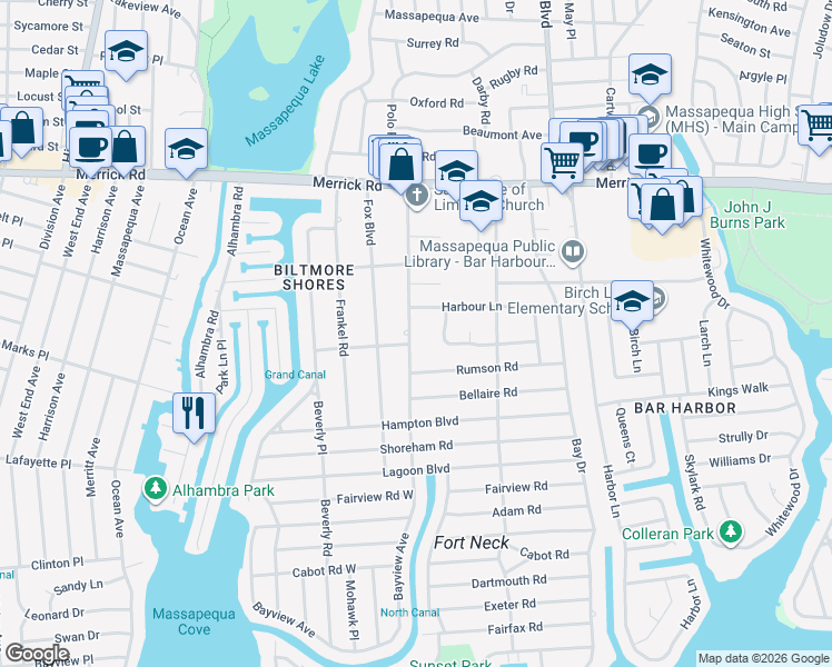 map of restaurants, bars, coffee shops, grocery stores, and more near 48 Bayview Avenue in Massapequa