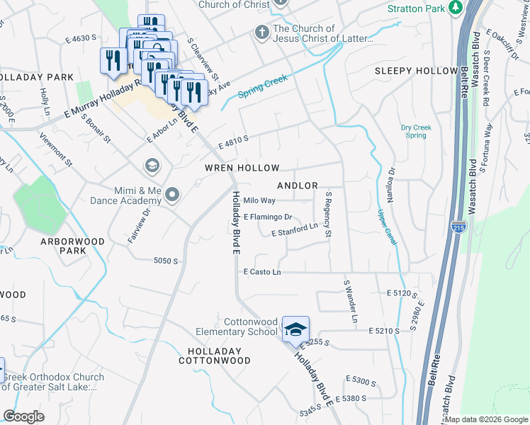map of restaurants, bars, coffee shops, grocery stores, and more near 2605 East Flamingo Drive in Salt Lake City