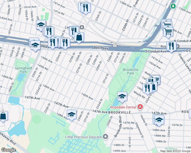 map of restaurants, bars, coffee shops, grocery stores, and more near 144-33 230th Street in Queens