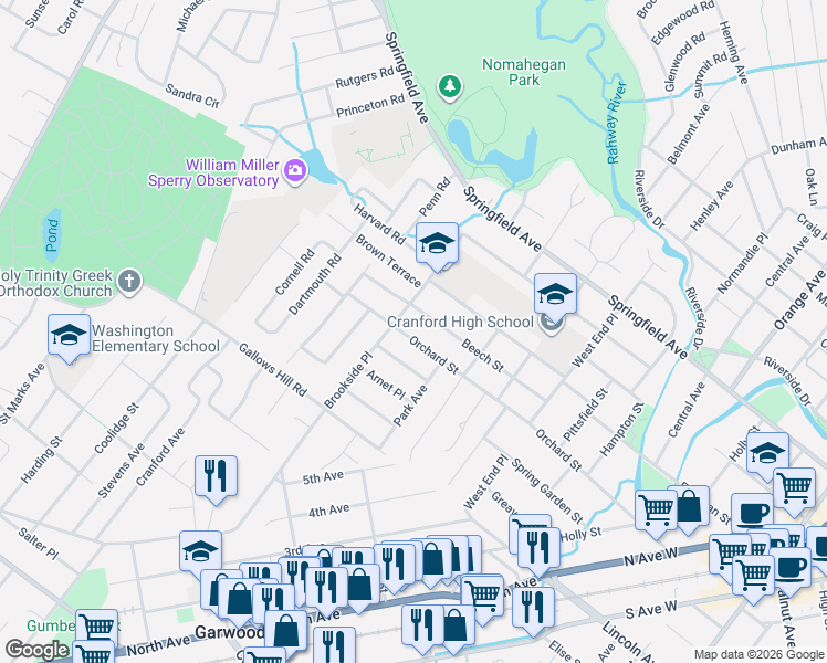 map of restaurants, bars, coffee shops, grocery stores, and more near 528 Orchard Street in Cranford