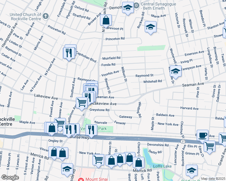 map of restaurants, bars, coffee shops, grocery stores, and more near 7 Combes Avenue in Rockville Centre