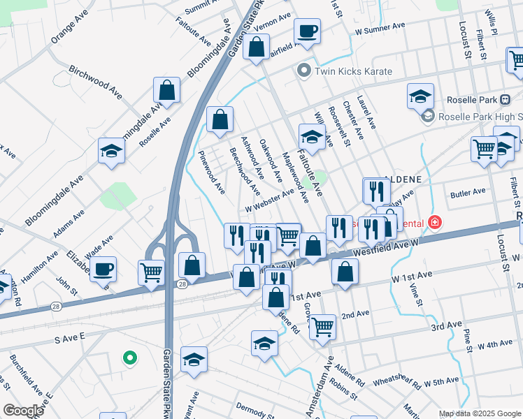 map of restaurants, bars, coffee shops, grocery stores, and more near 534 West Webster Avenue in Roselle Park