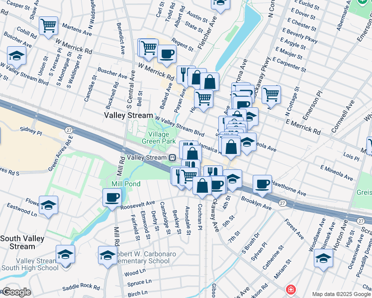 map of restaurants, bars, coffee shops, grocery stores, and more near 99 West Hawthorne Avenue in Valley Stream