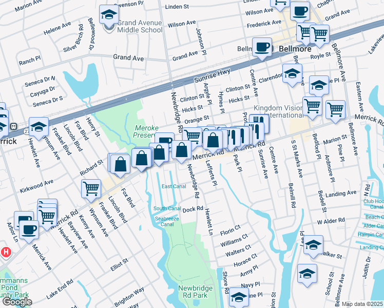 map of restaurants, bars, coffee shops, grocery stores, and more near 2427 Merrick Road in Bellmore