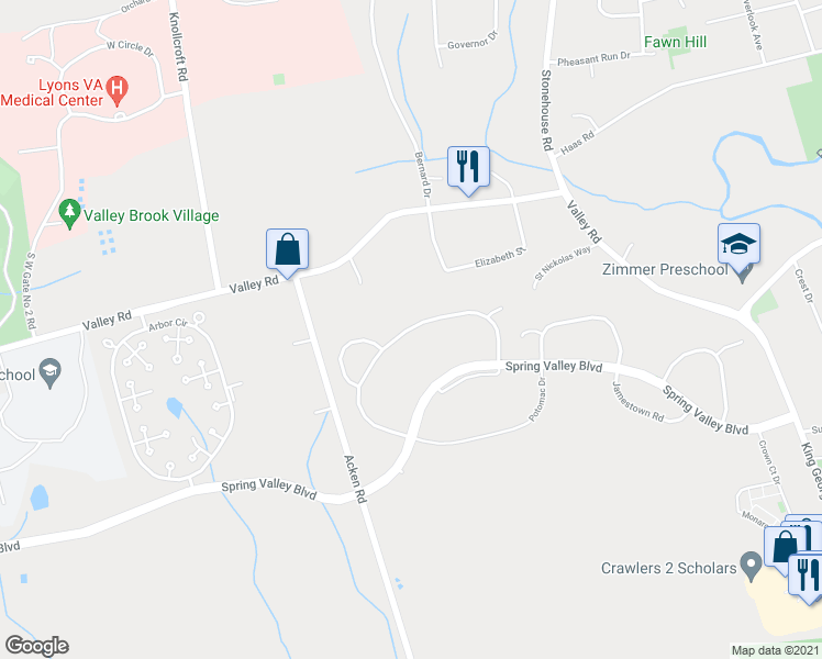 map of restaurants, bars, coffee shops, grocery stores, and more near 154 Alexandria Way in Bernards