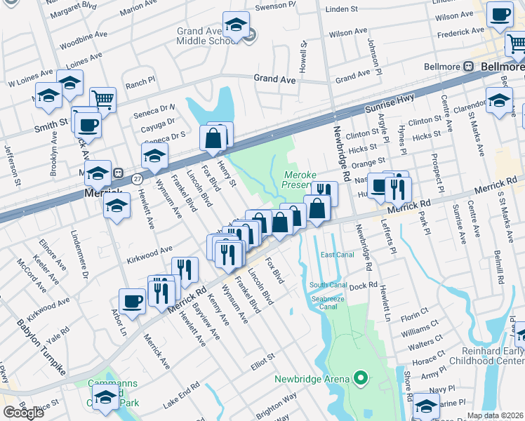 map of restaurants, bars, coffee shops, grocery stores, and more near 150 Woodpecker Lane in Merrick