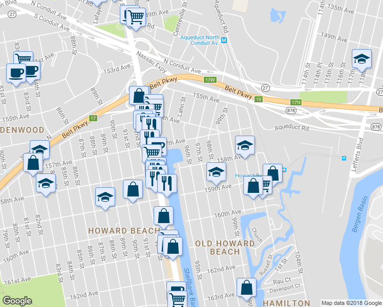 map of restaurants, bars, coffee shops, grocery stores, and more near 157-23 96th Street in Queens