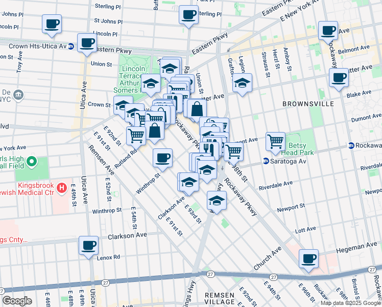 map of restaurants, bars, coffee shops, grocery stores, and more near 1112 Winthrop Street in Brooklyn