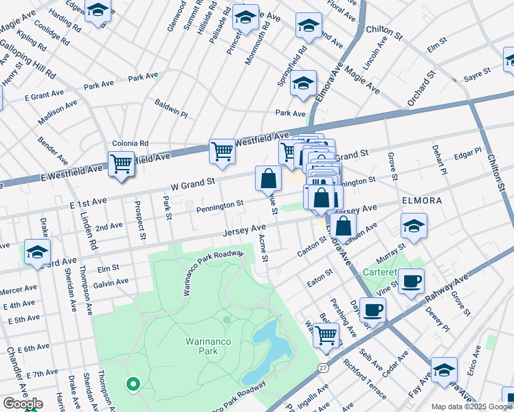 map of restaurants, bars, coffee shops, grocery stores, and more near 828 Pennington Street in Elizabeth