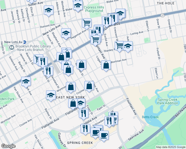 map of restaurants, bars, coffee shops, grocery stores, and more near 600 Wortman Avenue in Brooklyn