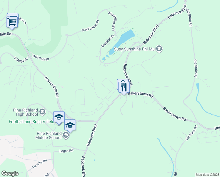 map of restaurants, bars, coffee shops, grocery stores, and more near 11082 Babcock Boulevard in Gibsonia