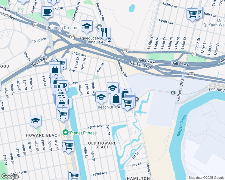 map of restaurants, bars, coffee shops, grocery stores, and more near 100-19 158th Avenue in Queens