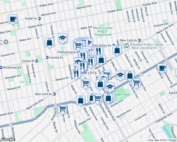 map of restaurants, bars, coffee shops, grocery stores, and more near 387 New Lots Avenue in Brooklyn