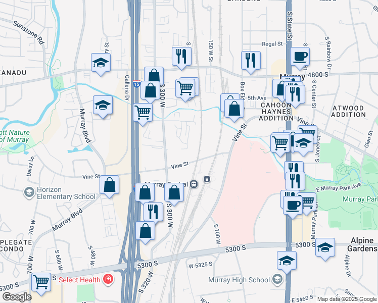map of restaurants, bars, coffee shops, grocery stores, and more near 202 West Vine Street in Murray