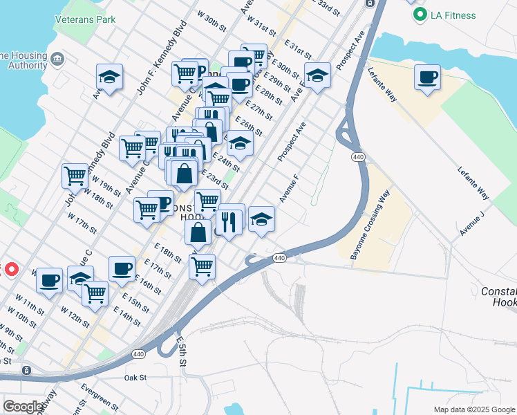 map of restaurants, bars, coffee shops, grocery stores, and more near 71 Prospect Avenue in Bayonne