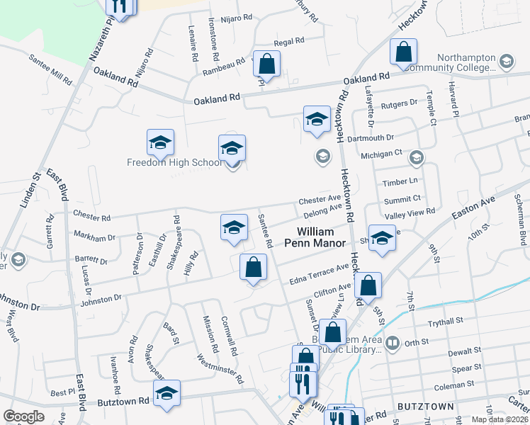 map of restaurants, bars, coffee shops, grocery stores, and more near 3250 Santee Road in Bethlehem