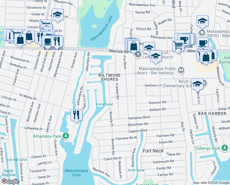 map of restaurants, bars, coffee shops, grocery stores, and more near 53 Frankel Rd in Massapequa