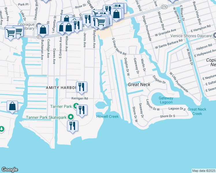 map of restaurants, bars, coffee shops, grocery stores, and more near 423 Mariners Way in Copiague