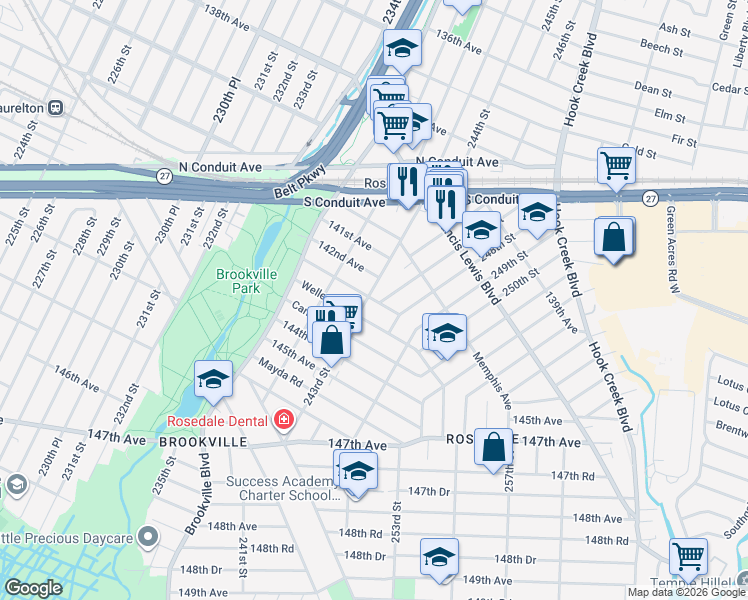 map of restaurants, bars, coffee shops, grocery stores, and more near 247-01 247th Street in Queens
