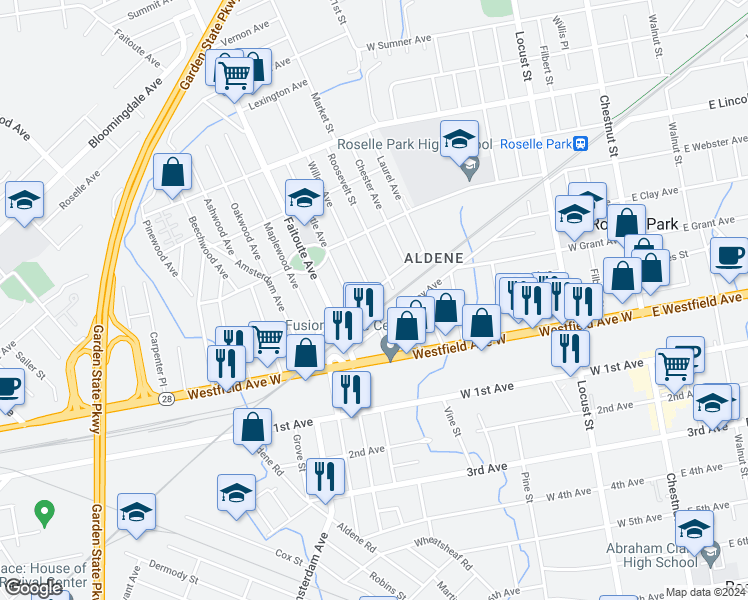 map of restaurants, bars, coffee shops, grocery stores, and more near 320 Seaton Avenue in Roselle Park