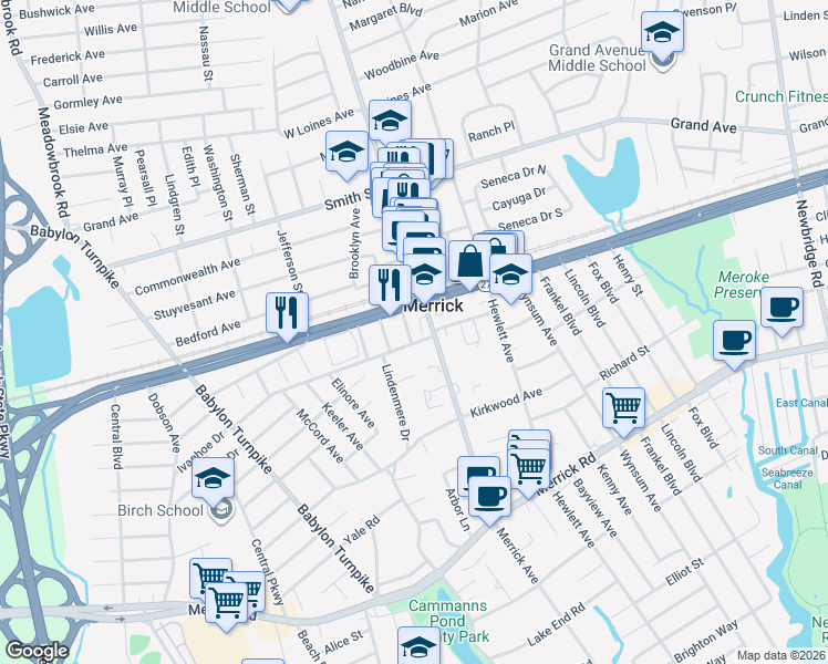 map of restaurants, bars, coffee shops, grocery stores, and more near 7 York Place in Merrick