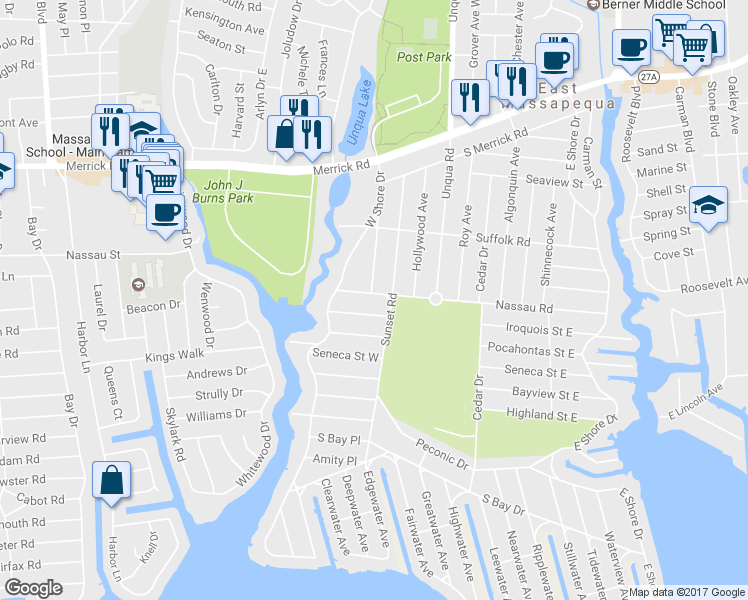 map of restaurants, bars, coffee shops, grocery stores, and more near 20 Nassau Rd in Massapequa