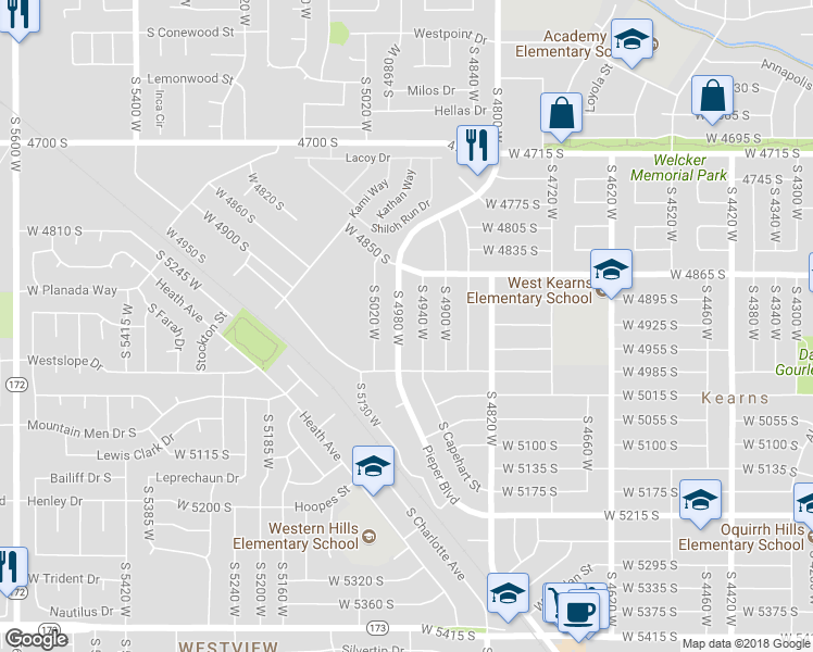 map of restaurants, bars, coffee shops, grocery stores, and more near 4929 South 4980 West in Kearns