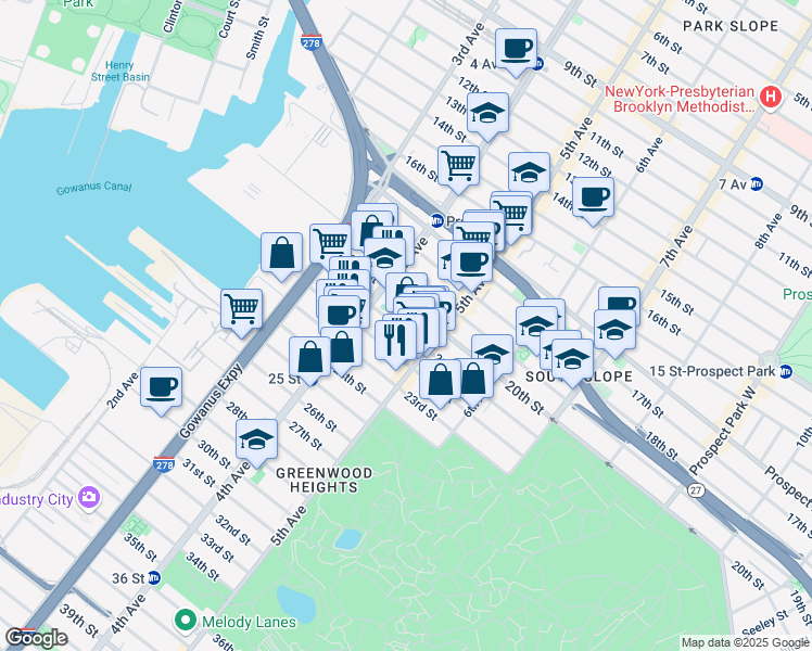 map of restaurants, bars, coffee shops, grocery stores, and more near 209 21st Street in Brooklyn