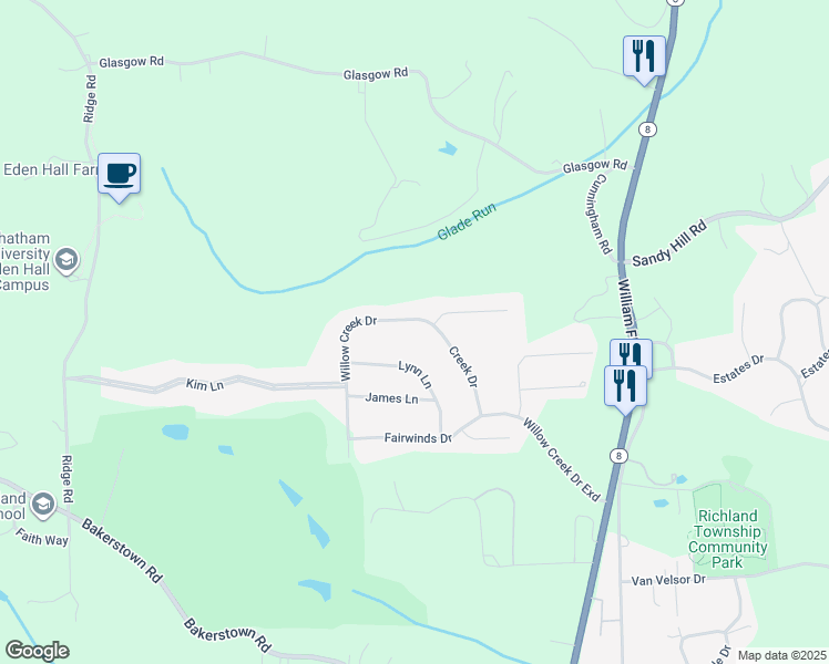 map of restaurants, bars, coffee shops, grocery stores, and more near 4090 Willow Creek Drive in Gibsonia