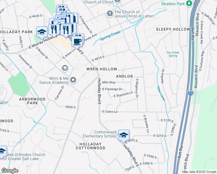 map of restaurants, bars, coffee shops, grocery stores, and more near 2605 East Flamingo Drive in Salt Lake City