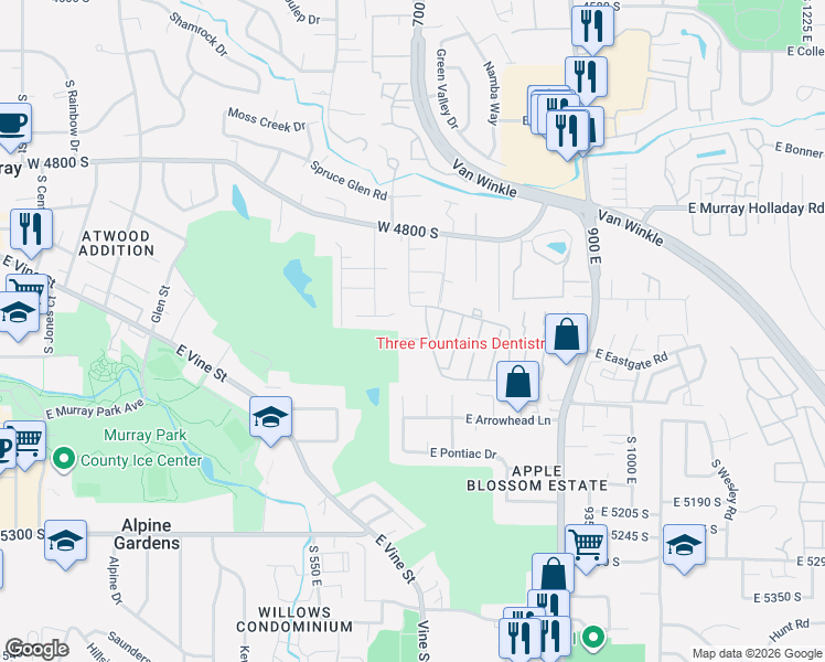 map of restaurants, bars, coffee shops, grocery stores, and more near 5030 3 Fountains Circle in Murray