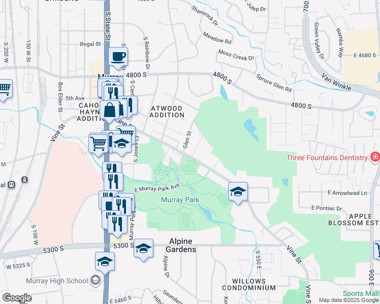 map of restaurants, bars, coffee shops, grocery stores, and more near 5031 South Glenn Street in Murray