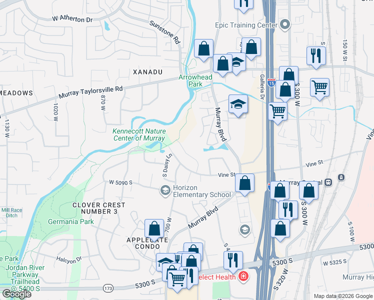map of restaurants, bars, coffee shops, grocery stores, and more near 701 Clover Crest Drive West in Murray