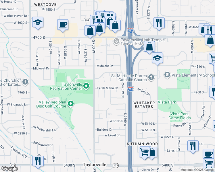 map of restaurants, bars, coffee shops, grocery stores, and more near 2578 4940 South in Salt Lake City